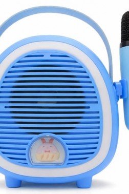 Çocuklara Özel Retro Tasarımlı Bluetooth Karaoke Mikrofon ve Ahşap Tripodlu – Mavi