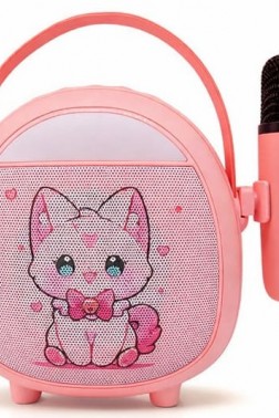 Çocuklara Özel Retro Tasarımlı Bluetooth Karaoke Mikrofon ve Ahşap Tripodlu – Pembe