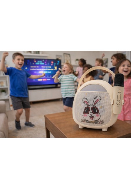 Çocuklara Özel Retro Tasarımlı Bluetooth Karaoke Mikrofon ve Ahşap Tripodlu – Beyaz