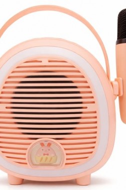 Çocuklara Özel Retro Tasarımlı Bluetooth Karaoke Mikrofon ve Ahşap Tripodlu – Pembe